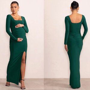 GREEN LONG SLEEVE SQUARE NECK MATERNITY MAXI DRESS - US 4